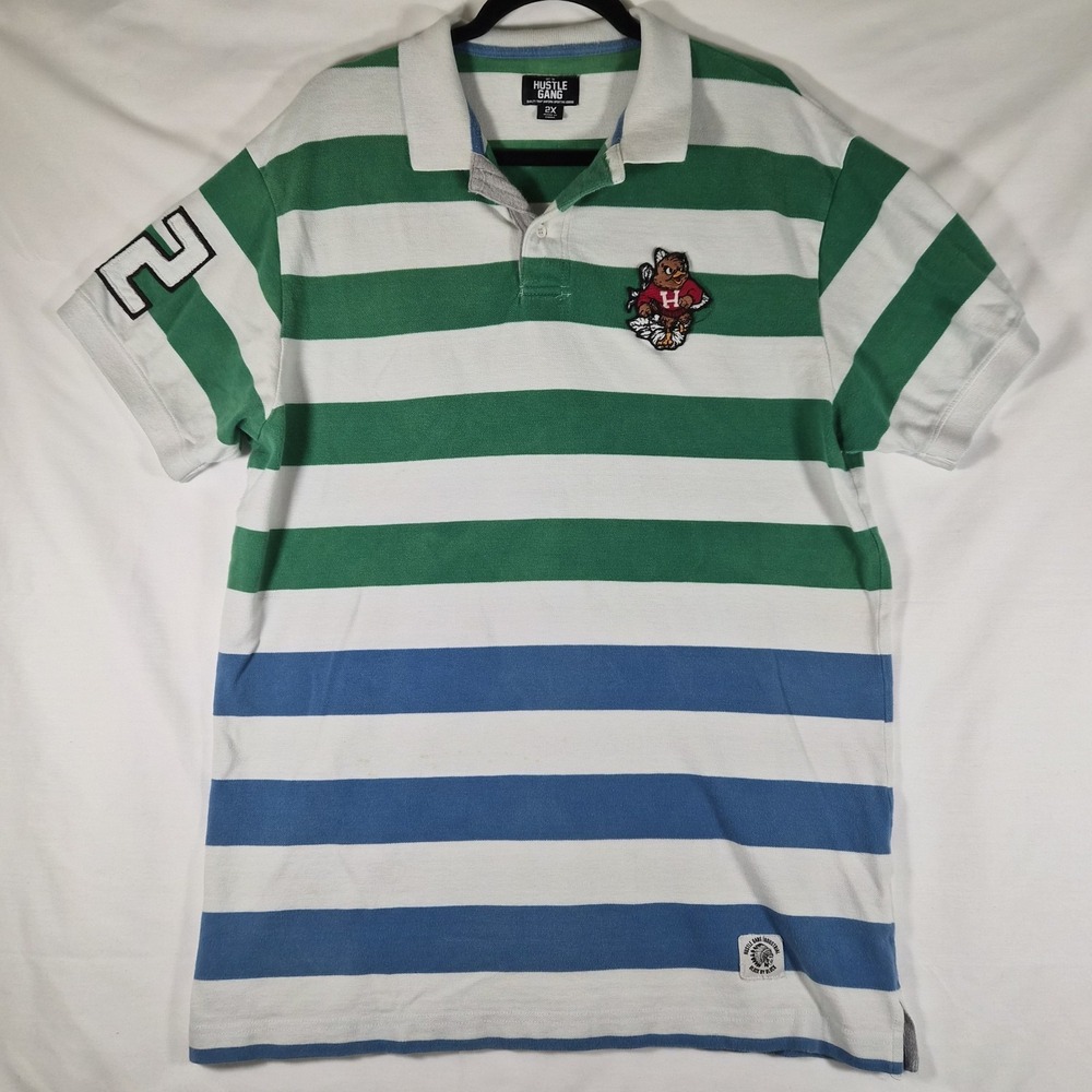 Hustle Gang Striped Polo Shirt Men's 2XL Green Blue Rugby Style Embroidered Logo